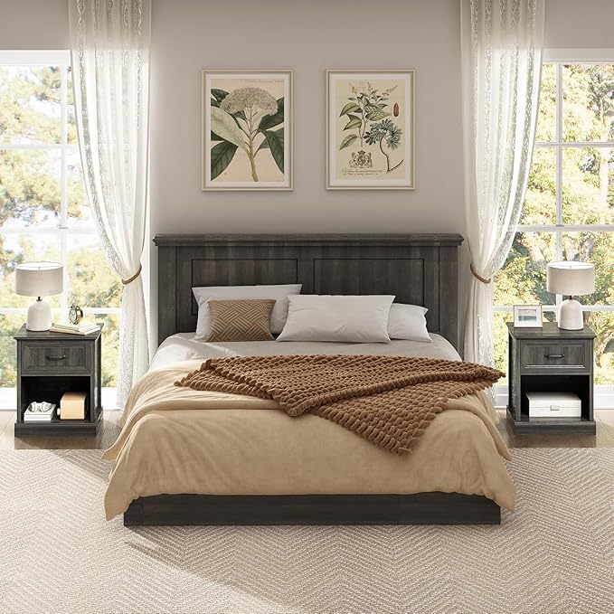 CARPETNAL Farmhouse Dresser and Nightstand Sets for Bedroom, 4 Pcs Bedroom Set, 5 Drawer & 6 Drawer Dresser and Nightstand Set of 2, Wood Chest of Drawers for Living Room, Entryway, Grey