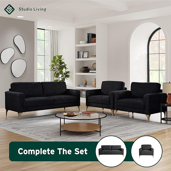 Studio Living® Matthew 75.6" Sofa, Mid-Century Modern, Pocket Coil Comfort, Metal Brushed Bronze Legs, Chenille Fabric, Black