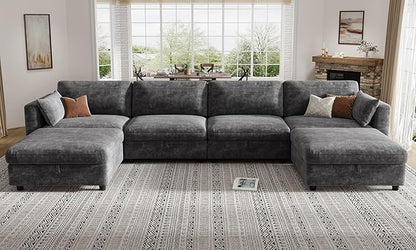 KKL Modular Sectional Couches for Living Room, U Shaped Sofa Couch with Adjustable Backrest, Chenille 6 Seater Sofa Couch with Convertible Ottoman and Comfy Cushion, Grey