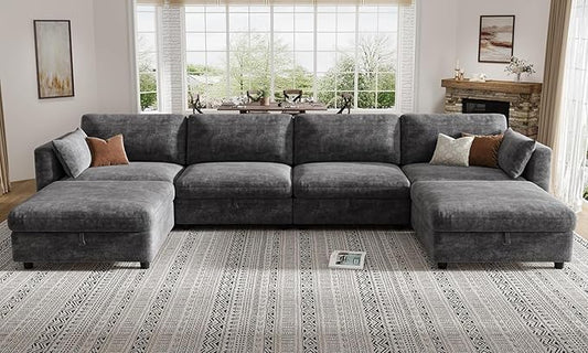KKL Modular Sectional Couches for Living Room, U Shaped Sofa Couch with Adjustable Backrest, Chenille 6 Seater Sofa Couch with Convertible Ottoman and Comfy Cushion, Grey
