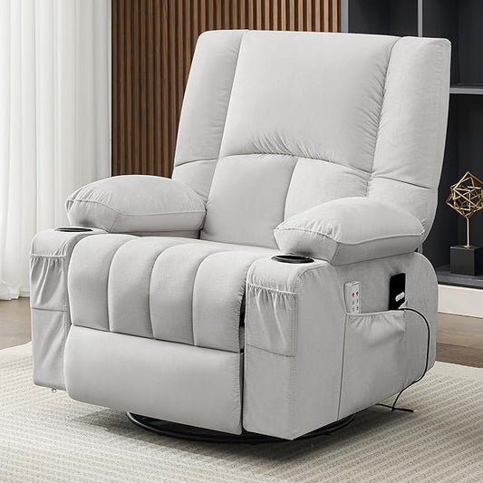 Swivel Rocker Chair with Heat and Massage, 270° Power Recliner Chairs for Adults, USB and Type-C Ports, Oversized Recliner Single Sofa, Electric Glider Chair(LightGrey)