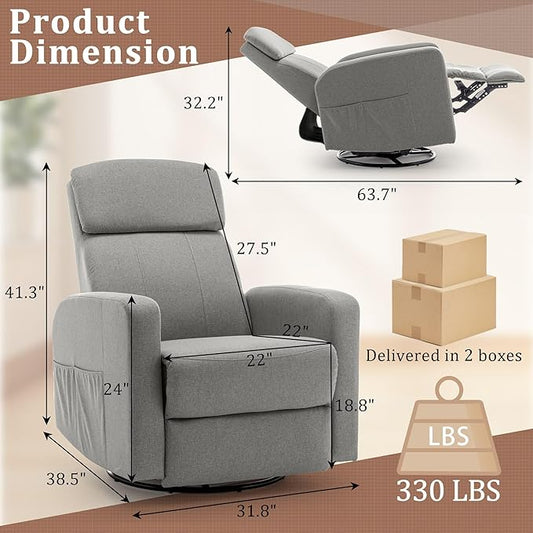 Power Swivel Recliner Chairs for Adults, Electric Glider Rocking Chair Nursery, Glider Recliner Nursery Chair with Classified Side Pocket, Nursery Rocking Chairs with USB and Type-C Ports