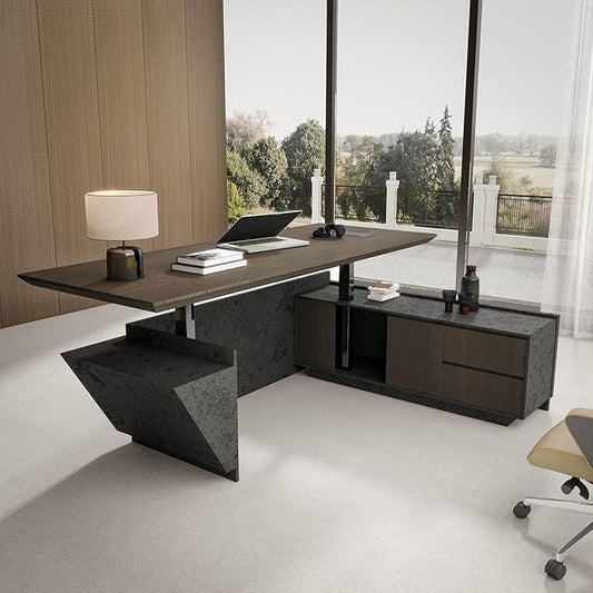 86.6" Adjustable Height L-Shaped Executive Desk with LED Light Strip - Black Inverted Trapezoid Design, Includes Storage Cabinet with Drawers & Doors, Ergonomic Standing Office Desk for Home & Office