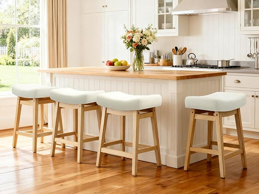 Counter Height Bar Stools Set of 4 for Kitchen Island Modern Barstools with Upholstered Faux Leather Backless Seat and Solid Wood Legs, 24 inch Farmhouse Bar Chairs, White