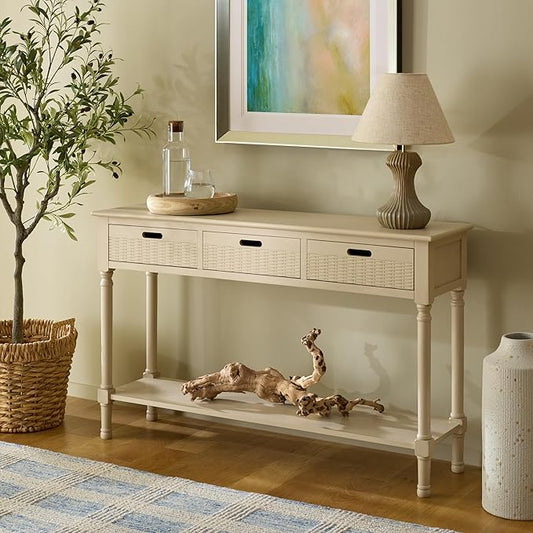 SAFAVIEH Home Collection - Landers Sand Console Table with 3 Basket Drawers and 1 Shelf, Farmhouse Accent Entryway Table (CNS5711G)