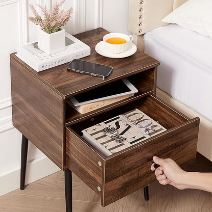 VECELO 2-Tier Nightstands Bedside Table with Storage Drawer and Open Wood Shelf, End Table for Living Room, Bedroom and Small Spaces, Night Stand with Metal Legs, Easy Assembly