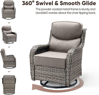 Swivel Patio Chairs Sofa Set of 5 with 6" Thick Cushion - Wicker Outdoor Swivel Rocker Patio Chair with Side Table, High Back Comfortable Outdoor Glider Chairs - Grey Wicker - Grey Cushions