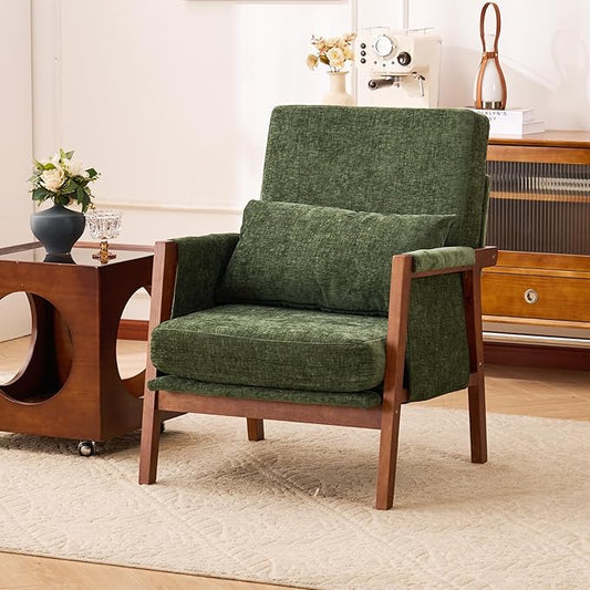 Accent Chair with Wooden, Mid Century Modern Living Room Chairs with Soft Armrest, Reading Pottery Barn Accent Chair, Chenille Armchair, Comfy Side chair with Lumbar Pillow for Lounge, Green