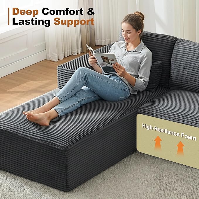 Modular Sectional Cloud Couch for Living Room,Modern Boneless Couche Set with Plush Corduroy,Comfy Floor Sofa with Memory Foam,Stupendous U Shaped Sofa with Ottoman,No Assembly Required,Grey