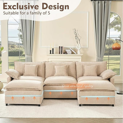108" U Shaped Couch, Modular Sectional Sofa, 3-Seater Comfy Cloud Couch with Movable Ottoman, Deep Seat Couches for Living Room, Chenille, Flat White
