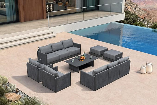 PURPLE LEAF 11 Pieces Patio Conversation Sets with Coffee Table All Weather Outdoor Couch Sectional Set with Cushion Patio Conversation Set for Garden Poolside Backyard Gray