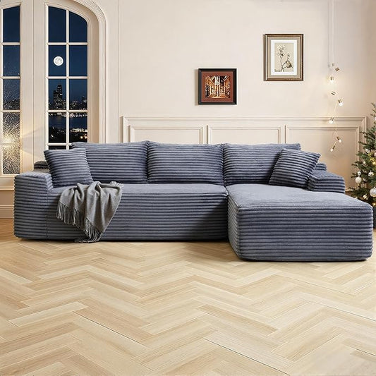 95 Inch Cloud Sectional Couch,Modular Sectional Sofa with Deep Seat,Modern Corduroy Boneless Couches with L-Shape Chaise for Living Room Bedroom,No Assembly Required (Grey, Right Facing Chaise)