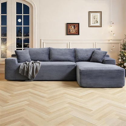 108 Inch Cloud Sectional Couch,Modern Modular Sectional Sofa with Deep Seat,Corduroy Boneless Couches with L-Shape Chaise for Living Room,No Assembly Required (Grey, Right Facing Chaise)