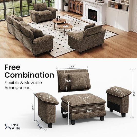 PHI VILLA Cloud Modular Couches Sets, 3 Pieces Large Sectional Sofa Set with Single Sofa, 5-Seater Upholstered Couch for Living Room, Chenille Fabric, Taupe