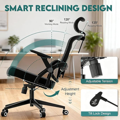 Ergonomic Office Chair - 400LB Comfy Desk Chairs with Adjustable Headrest and Lumbar Back Support, Mesh Computer Chairs with Wheels and Arms for Home Office, Study, Bedroom and Dorm (05black)