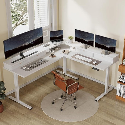 FLEXISPOT 71" Large L Shaped Standing Desk Electric Corner Table with Shelf, 4 Storage Drawers, Adjustable Computer Workstation for Home, Office, Game, Studio, White Top + White Frame