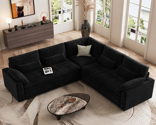 Belffin Large Modular Sectional Sofa with Double 61" Loveseat, Corduroy Corner Couch with 9" Soft Dual-Layer Seats Cushion for Living Room, Apartment, Small Sapce, Black