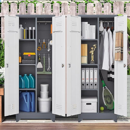 FLEXIMOUNTS 65'' Tall Metal Storage Cabinet with Locking Door, Large Cleaning Tool Organizer for Brooms, Garage, Laundry Room, Bathroom, Grey-White