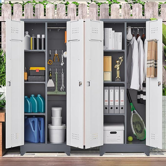 FLEXIMOUNTS 65'' Tall Metal Storage Cabinet with Locking Door, Large Cleaning Tool Organizer for Brooms, Garage, Laundry Room, Bathroom, Grey-White
