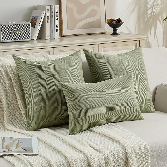 FUTEI Sage Green Chenille Throw Pillow Covers 24x24 Inch Set of 2,Soft Wide Chevron Textured European Pillow Shams,Farmhouse Home Decor for Couch Bed Living Room