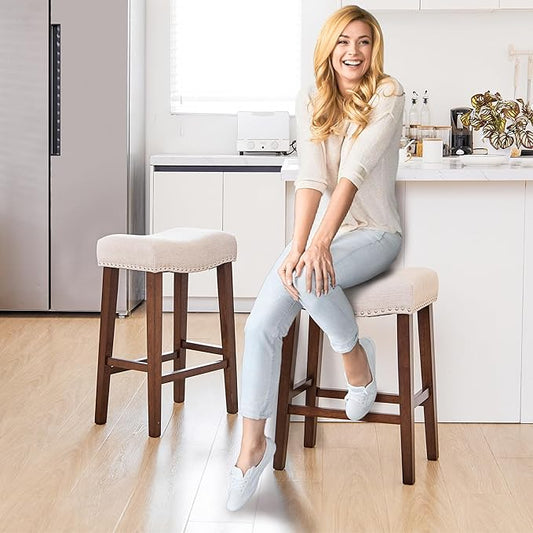PrimeZone Counter Height Bar Stools Set of 8 - Backless Saddle Barstools with 4.3" Thick Upholstered, Nailhead Trim Linen Fabric & Solid Wood Legs, 26 Inch Counter Stools for Kitchen Island, Beige