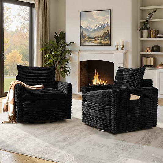 Swivel Accent Chair Set of 2, Modern Sofa Chairs for Living Room, Plush Upholstered Cloud Chair with Double Layer Thick Cushions, Bedroom Reading Nook Armchair, Black