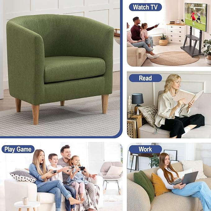 Accent Barrel Chair, Modern Comfy Living Room Chairs with Armrest Small Reading Chair with Cozy Soft Padded for Bedroom Reception Room Cafe, Green