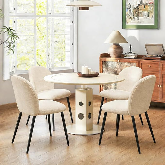 Upholstered Dining Chairs Set of 4, Modern Kitchen Side Chair with Padded Seat Comfortable Chenille Fabric Study Black Matel Legs,Desk Chair with Back for Dining Rooms, Beige