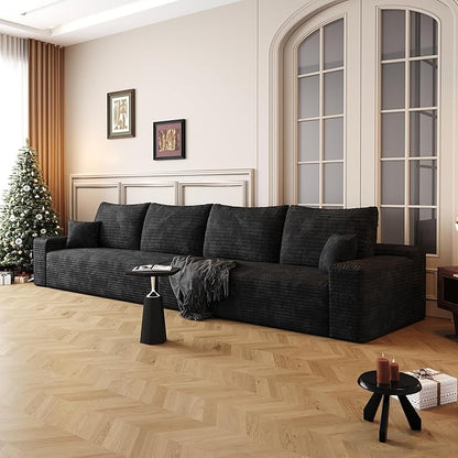 140.2" Cloud Modular Black Sofa, 4-Seater Upholstered Couches for Living Room, Modern Minimalist Deep Seat Boneless Couch, No Assembly Required, Plush Corduroy Fabric