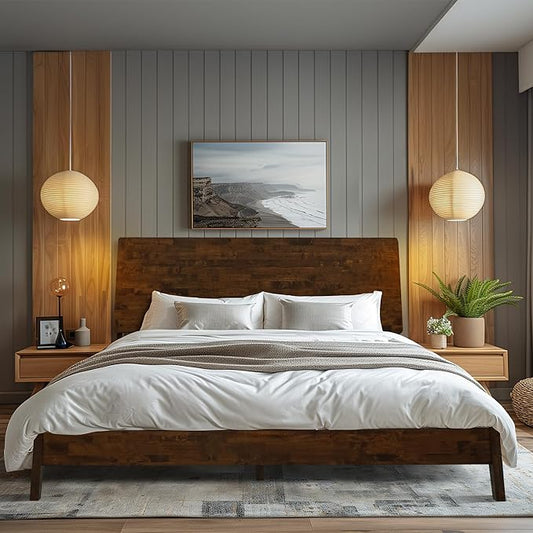 Acacia Serenity King Size Bed Frame, King Bed Frame with Headboard 800 lbs Capacity Natural Wood Bed All Mattress Support & No Box Spring Needed, Wood Slats Support Wooden BedFrame King, Walnut