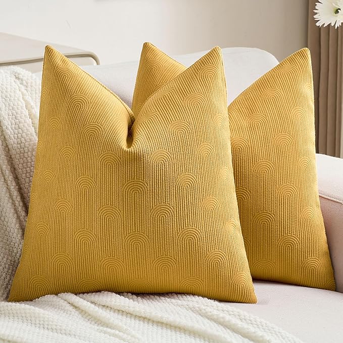 FUTEI Mustard Yellow Chenille Decorative Throw Pillow Covers 24x24 Inch Set of 2,Soft Cozy Striped Geometric Patterns European Cushion Cases,Modern Home Decor for Couch Bed Living Room