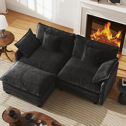 WorthFurni 77 Inch L Shape Cloud Sofa, Modular Sectional Couch with Ottoman, Comfy Chenille Deep Seat Loveseat with Pillow for Living Room Bedroom Apartment (Black)