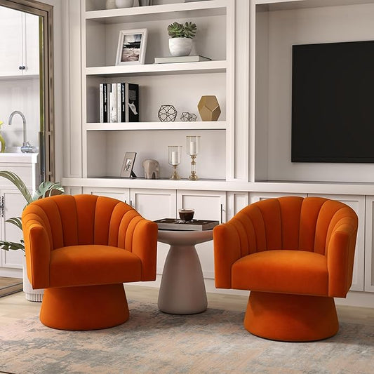 Swivel Accent Chair Set of 2, Upholstered Velvet 360° Swivel Barrel Chair for Living Room Overstuffed Bouncle Reading Chair Round Armchair for Bedroom,Vanity,Office (Orange)