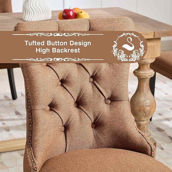 Linen Upholstered Dining Chairs Set of 6, Modern Style Kitchen Side Chairs with Nailhead Trim and Wood Leg, Metal Pulling Ring for Dining Room Living Room(Coffee,Set of 6)
