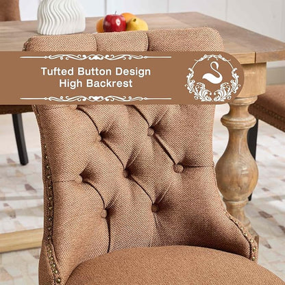 Linen Upholstered Dining Chairs Set of 4, Modern Style Kitchen Side Chairs with Nailhead Trim and Wood Leg, Metal Pulling Ring for Dining Room Living Room(Coffee,Set of 4)