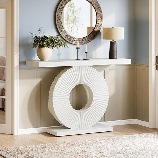 Tribesigns Modern Entryway Console Table, 39 inch Wooden Narrow Sofa Table Behind Couch with Geometric Base, Contemporary Accent Table for Living Room, Entrance, Hallway, White