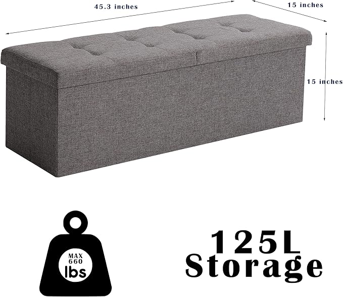 CUYOCA 45.3 Inches Storage Ottoman Bench Foldable Seat Footrest Shoe Bench End of Bed Storage with Flipping Lid, 166L Storage Space, Linen Fabric Brown