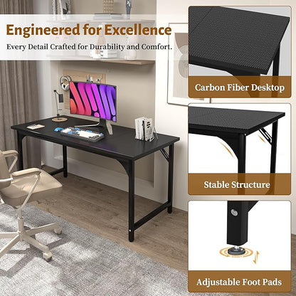 AZN Computer Desk, 55in Computer Desk, Gaming Office Desk w/Carbon Fiber Tabletop, Gaming Office Desk w/Sturdy Metal Frame, Home Office Desks w/Large Legroom for Game Work Study Writing, Black