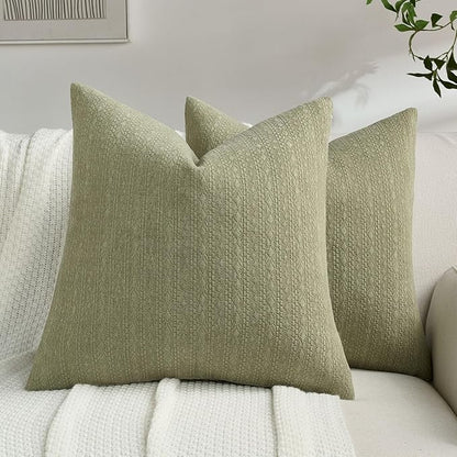 FUTEI Sage Green Chenille Throw Pillow Covers 18x18 Inch Set of 2,Soft Striped & Diamond Textured Cushion Cases,Modern Home Decor for Couch Living Room