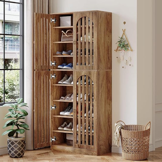 Tribesigns 70.86" Tall Shoe Storage Cabinet with Doors and Shelves, 9-Tier 27-36 Pairs Farmhouse Shoe Organizer Rack for Entryway Hallway Living Room, Closet, Brown