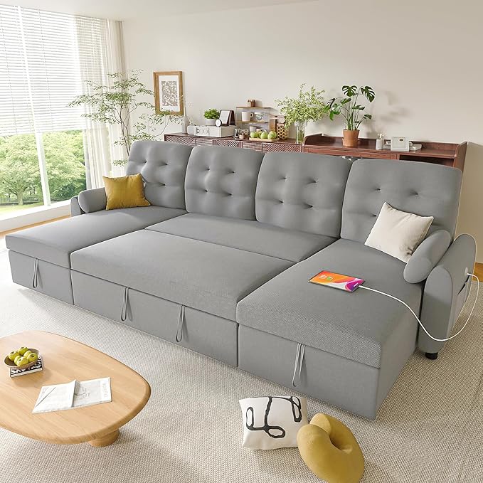 Ucloveria Sleeper Sofa Bed, 112" U Shaped Sectional Sofa Couches for Living Room, Pull Out Couch Bed with Dual Reversible Storage Chaise | Charging Station | Side Pockets | Removable Backrest