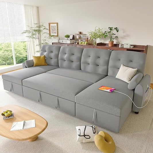 Ucloveria Sleeper Sofa Bed, 112" U Shaped Sectional Sofa Couches for Living Room, Pull Out Couch Bed with Dual Reversible Storage Chaise | Charging Station | Side Pockets | Removable Backrest