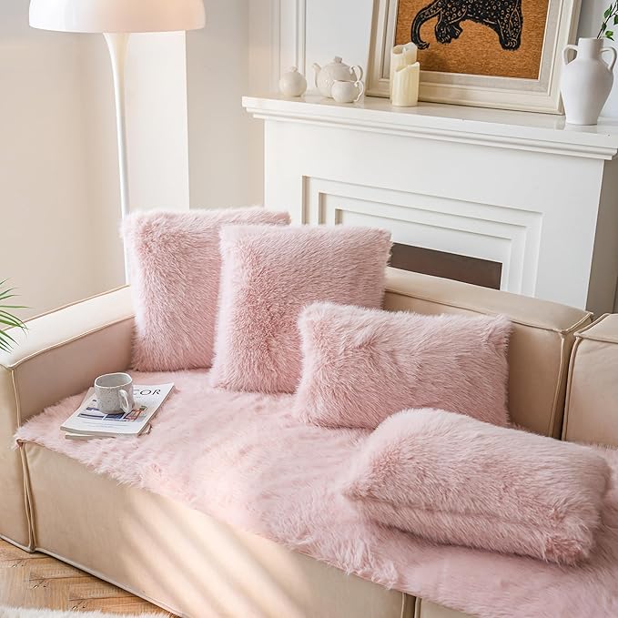 Neelvin Pink Faux Fur Cozy Fluffy Double-Sided Decorative Throw Pillow Covers 18x18 inch Set of 2,Velvet Pillowcase Cushion Case for Sofa Couch