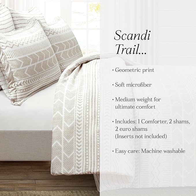 Lush Decor Hygge Geo Reversible 5 Piece Comforter Set, King, Taupe & White