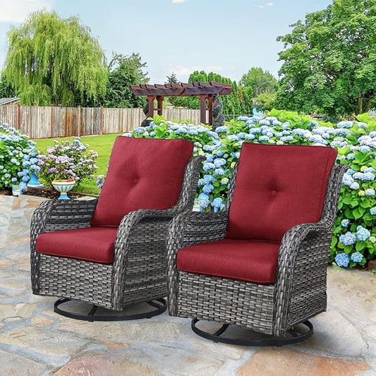 HUMMUH 3-Piece Swivel Rocking Rattan Chair Outdoor, Patio Bistro Furniture Conversation Set, Cushioned Wicker Chair with Glass Coffee Table(Grey, Red)