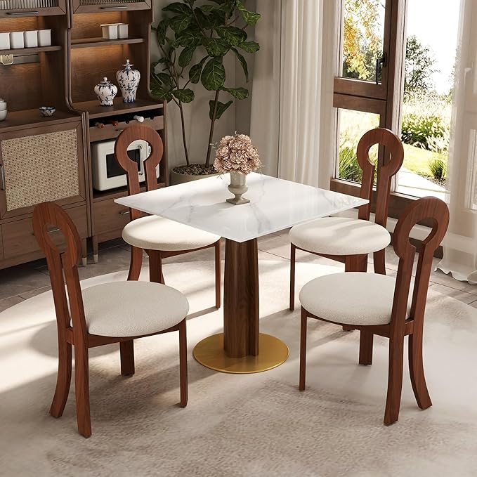 Sintered Stone Square Office Table and Chair Set - Meeting Table for Small Offices (Walnut‌ Leg and White Top, 1 Table and 4 Chairs)