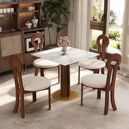 Sintered Stone Square Office Table and Chair Set - Meeting Table for Small Offices (Walnut‌ Leg and White Top, 1 Table and 4 Chairs)
