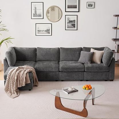 TEKAMON 123" Modular Sectional Sofa with Ottoman,Extra Large Comfy Cloud 4-Seat Deep Seat, Reversible Chaise Modular Sectional Couches for Living Room and Apartmenr,Grey