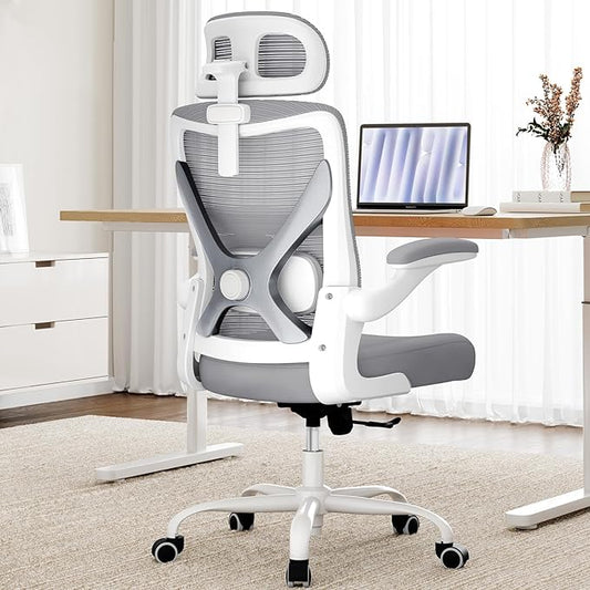 Ergonomic Office Chair - Computer Desk Chairs Comfy, Mesh High-Back Gaming Chair with Adjustable Lumbar Support, Executive Task Chair for Adults, Comfortable for Long Hours (Grey Silver)