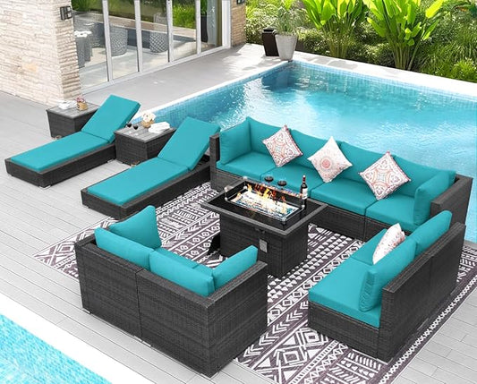 NICESOUL 13 Piece Outdoor Seating with Firepit, Comfortable Cozy Backyard Furniture with Fire Table and Lounge Chair, Modular Sectional Patio Sofas 500lbs Heavyduty with 10-Seat Group, Gray&Turquoise